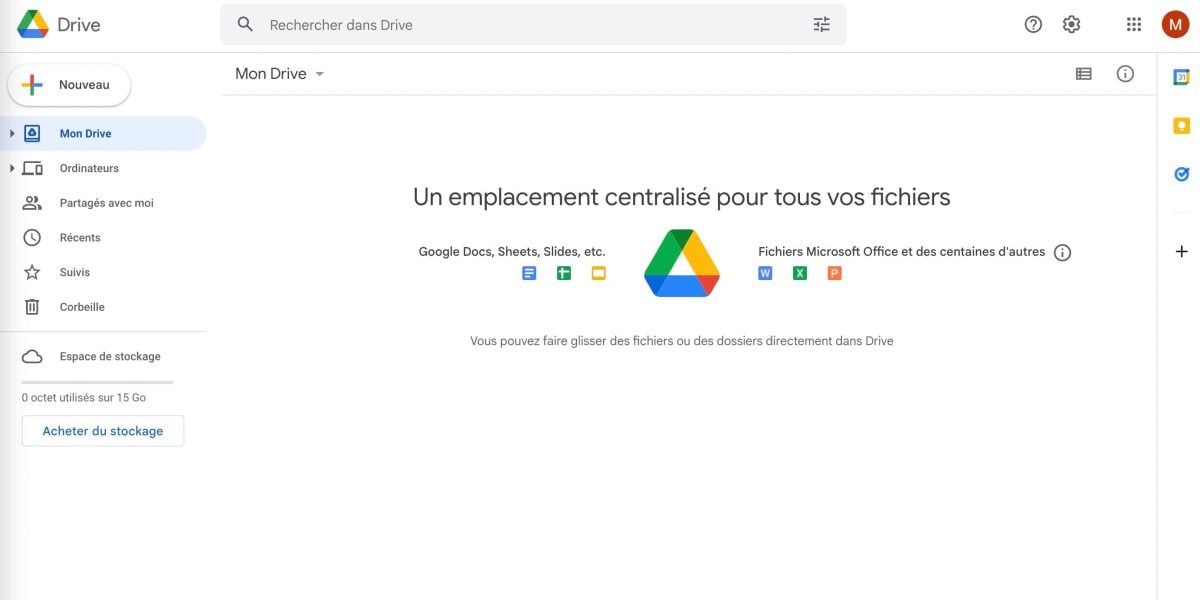Halaman beranda antarmuka Google Drive yang menampilkan folder terbaru dan bilah pencarian di bagian atas.