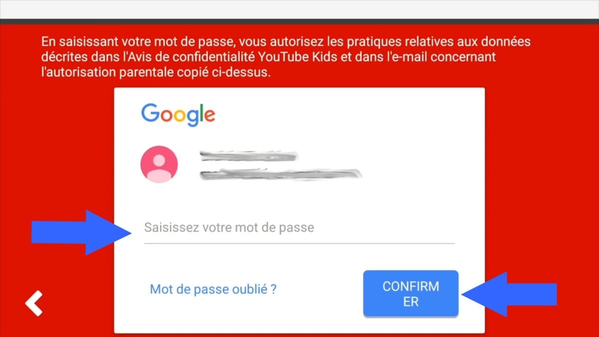输入 Google 家长账户，然后确认