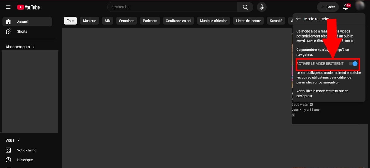 YouTubeで制限モードが有効になっています