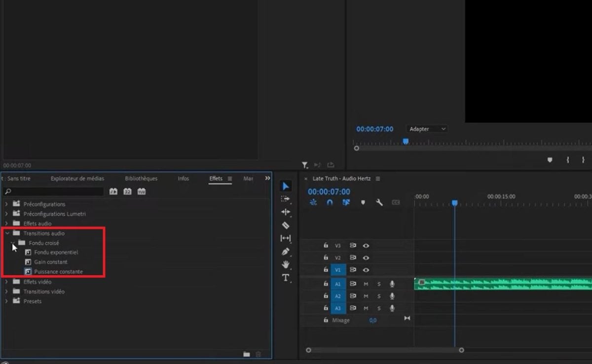 Premiere Proのオーディオトランジションにある「クロスフェード」サブメニュー。.