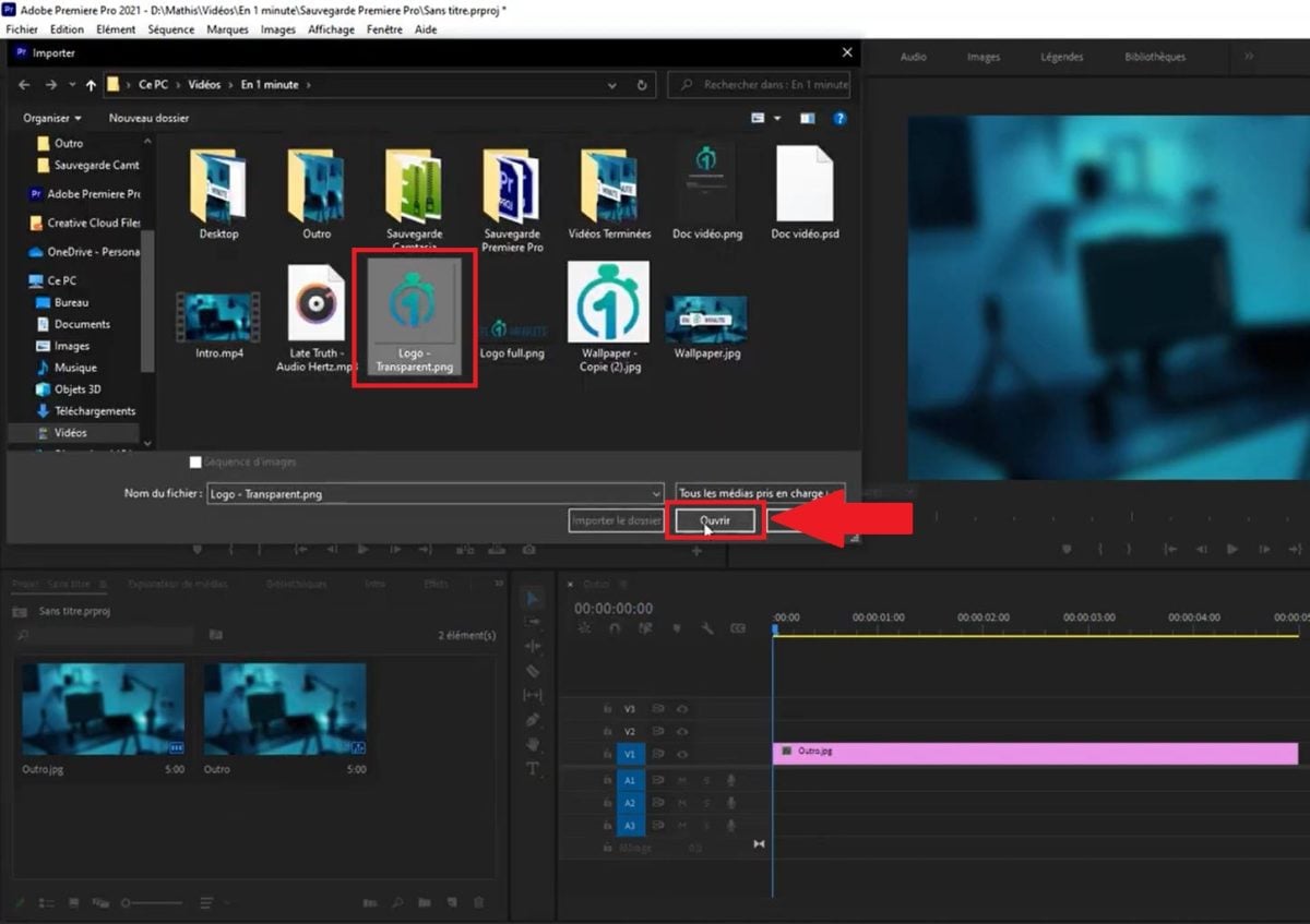Premiere Proにインポートする透明なPNG形式のロゴファイルを選択します。.