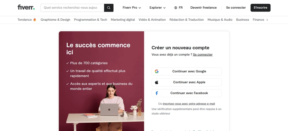 Options available when creating a Fiverr account
