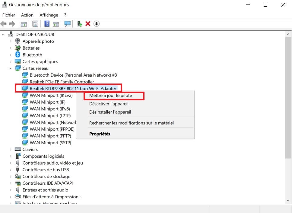 Locating the Network Card (<span class="notranslate" data-no-translation="">Intel</span>, <span class="notranslate" data-no-translation="">Realtek</span>, Wi-Fi/Ethernet) and right-click.