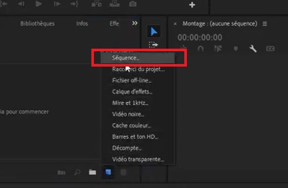 Пункт «Последовательность» в меню «Новый элемент» программы Premiere Pro.