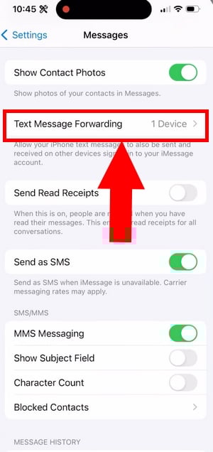 Enable SMS forwarding to another device connected to the same Apple ID