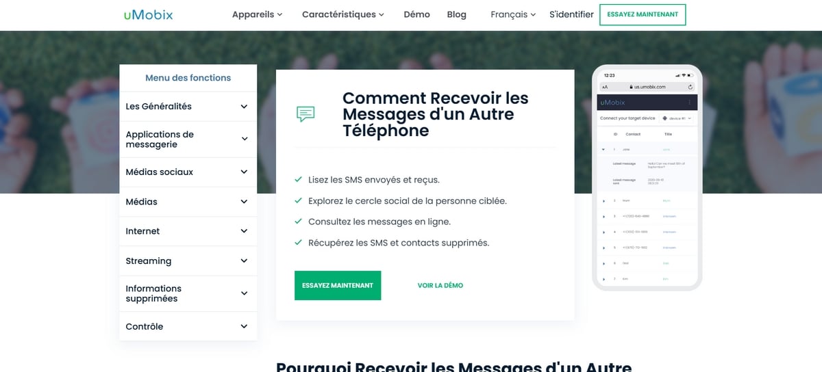Umobix and one of its features for viewing SMS messages from another phone number