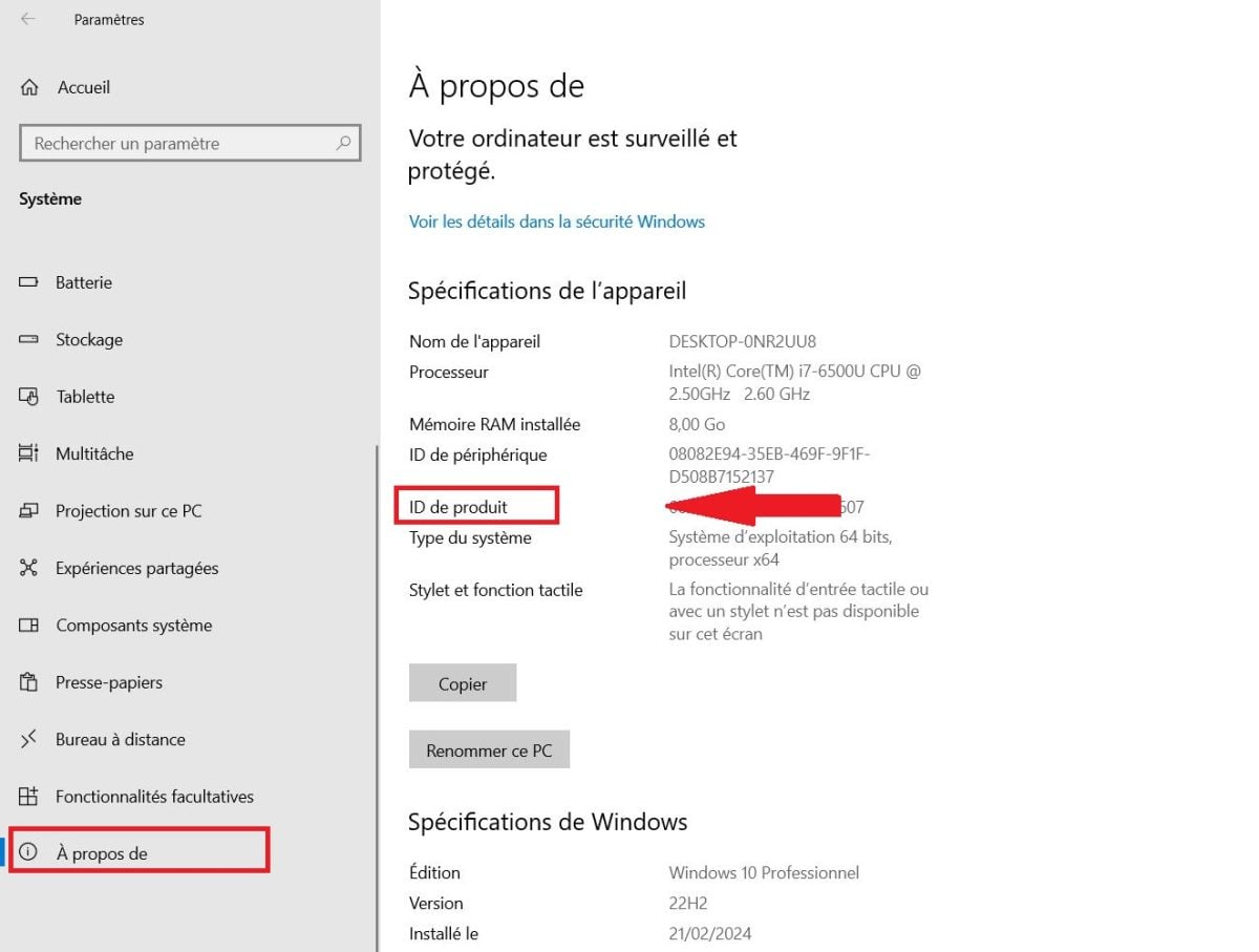 Speicherort der Produkt-ID unter Windows. 