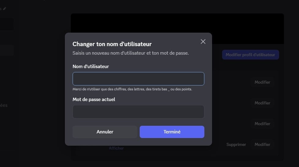 Screenshot de l'interface sur laquelle entrer le nouveau nom d'utilisateur Discord et le mot de passe pour confirmer la démarche