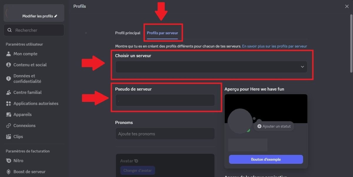 Screenshot des étapes pour changer de nom sur un serveur Discord
