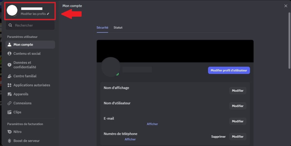 Screenshot du bouton pour accéder aux options du profil sur Discord