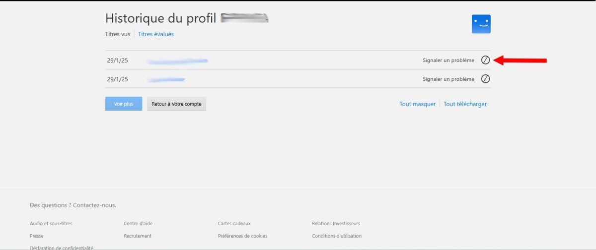 Cliquer sur le cercle barré pour supprimer un historique Netflix
