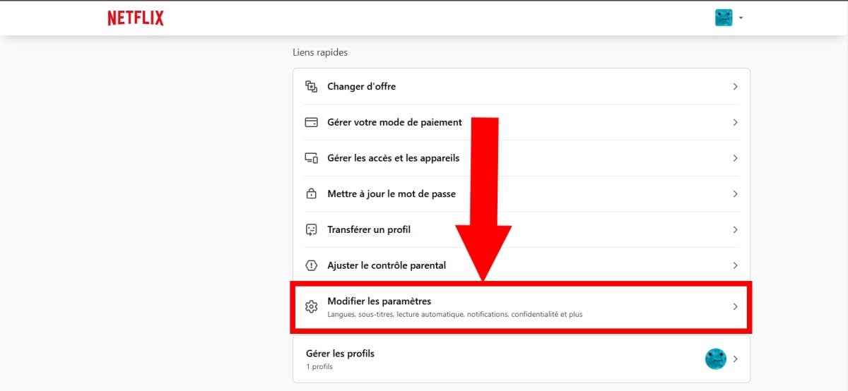 Modification des paramètres de compte Netflix. 