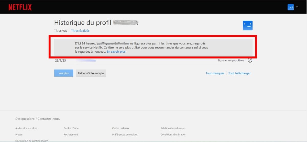 Notification de la part de Netflix concernant votre suppression d'historique