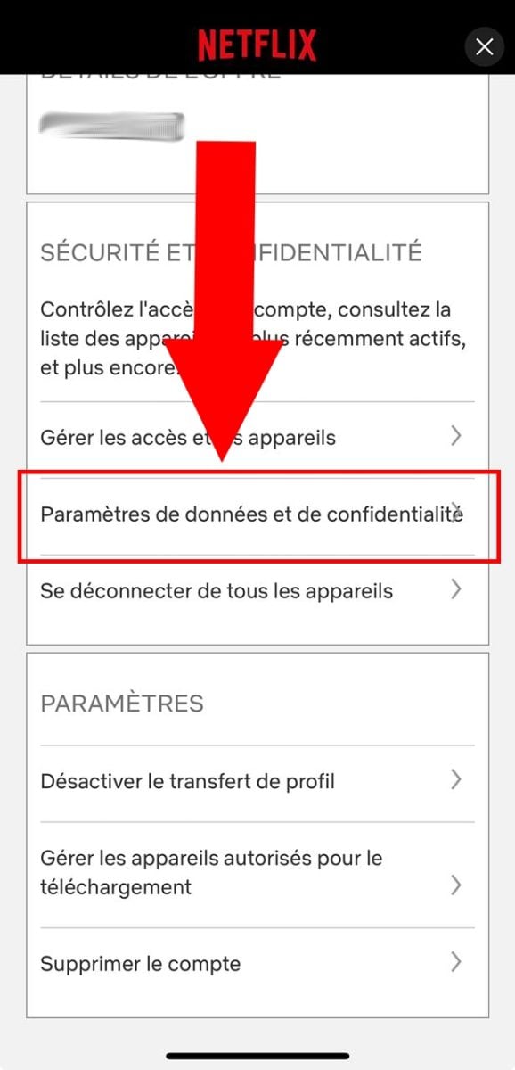 Paramètres de données et de confidentialité Netflix 