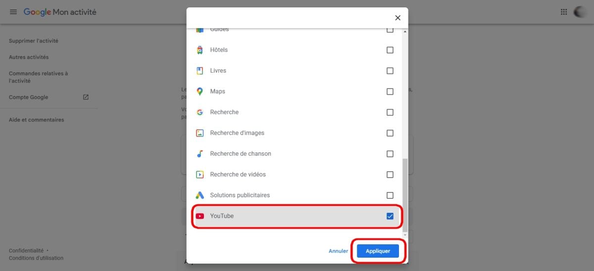 Seleccione YouTube y, a continuación, Aplicar.