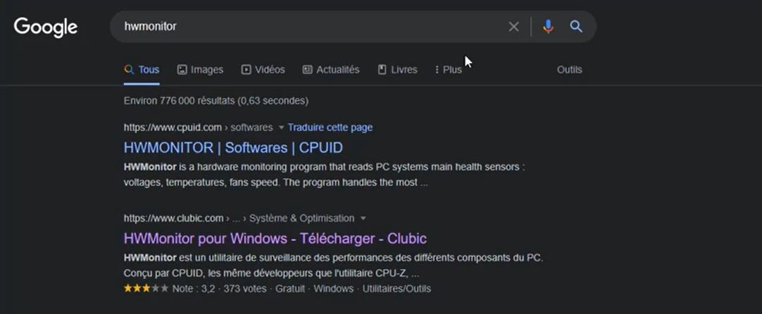 Sélection du lien de téléchargement de HWMonitor.