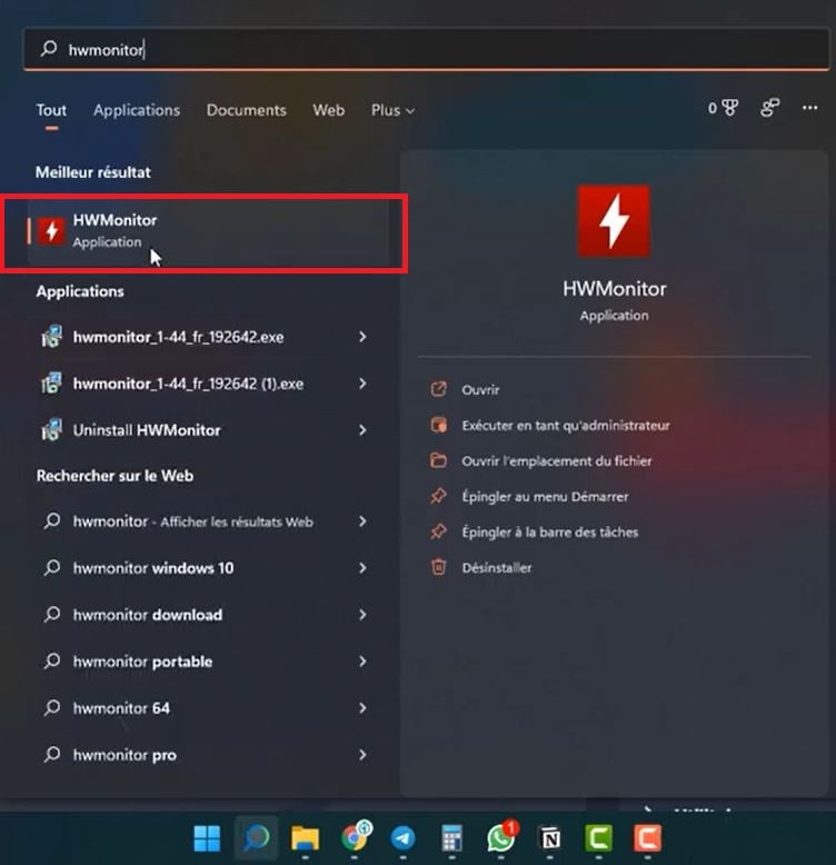 Interface de HWMonitor affichant les températures du processeur et de la carte graphique.