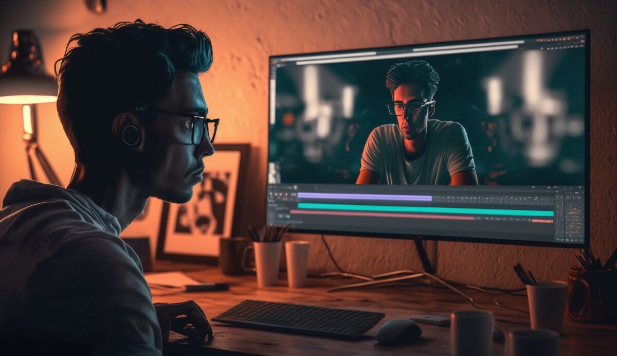 Ilustração da imagem de um homem assistindo a um vídeo em seu computador
