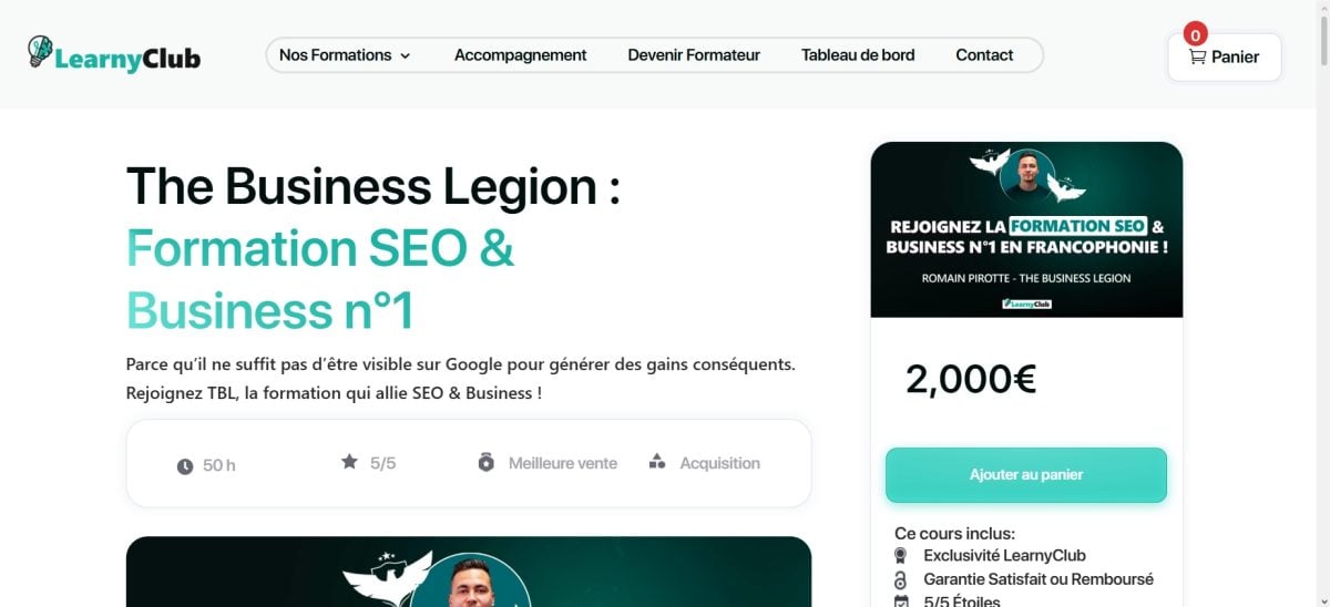 Il corso di Romain Pirotte La legione degli affari è disponibile su LearnyClub per 2.000 euro.