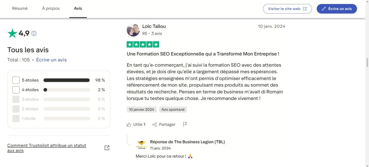 Loïc Taïlou condivide su Trustpilot la sua esperienza con il corso di formazione TBL che, cito testualmente, "ha superato di gran lunga le mie aspettative".