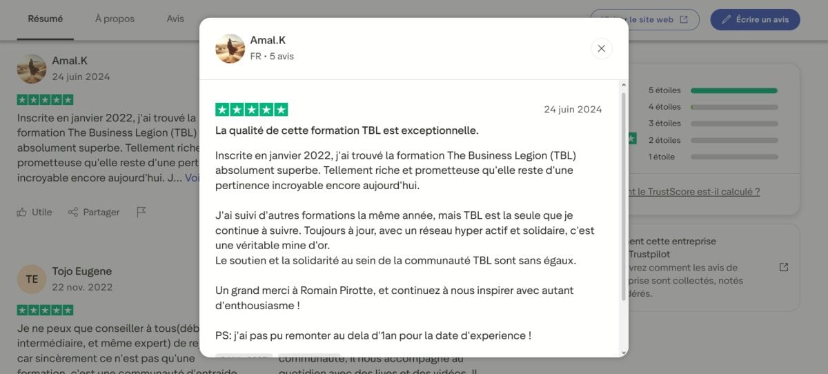 Ecco uno screenshot che mostra la recensione completa di Amal.K sul corso di formazione SEO di Romain Pirotte, in cui condivide la sua esperienza dal gennaio 2022.