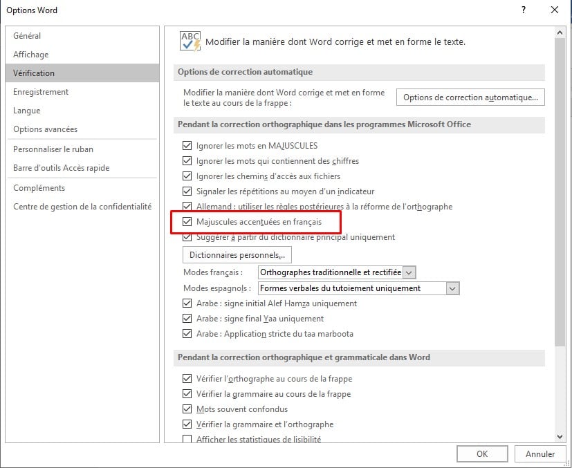 在 Word 中勾选法语重音大写字母框