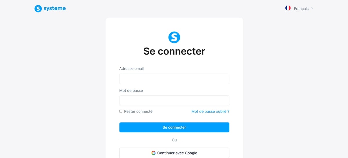 Página de início de sessão do Systeme.io com campos de e-mail e palavra-passe