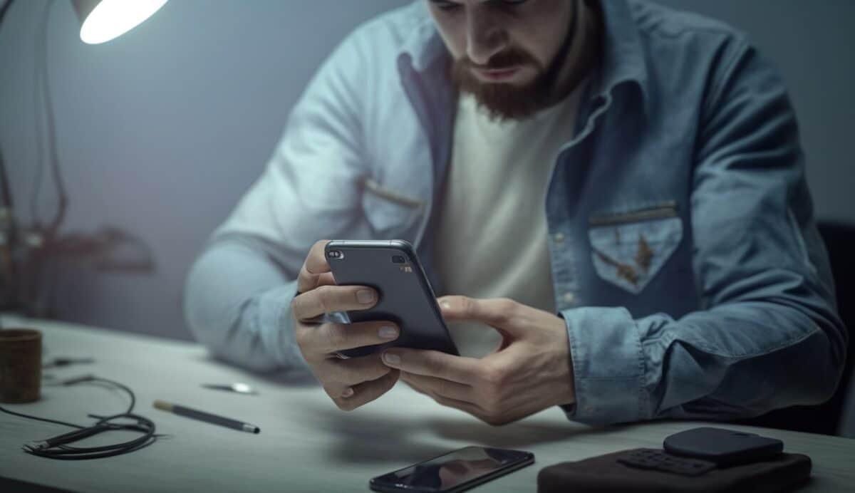 Illustration en image d'un homme cherchant à démasquer un numéro inconnu sur son téléphone
