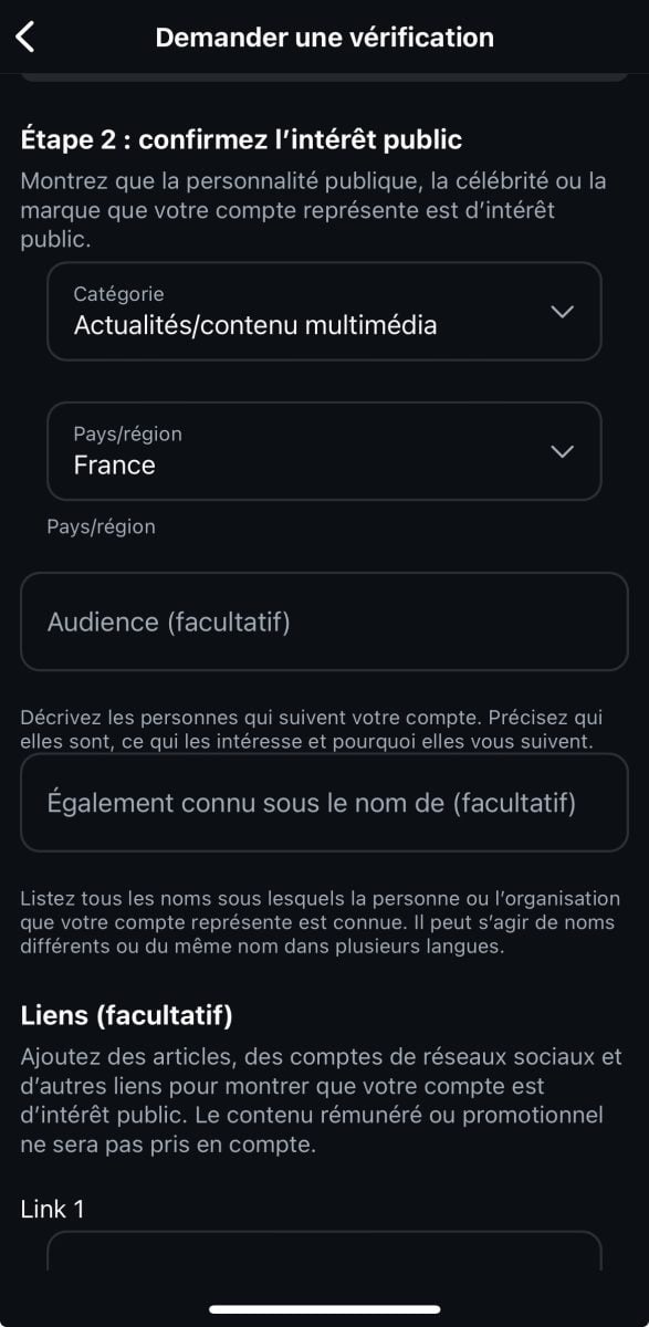 Rellene la región, los nombres por los que se le conoce (opcional) para la solicitud de certificación de Instagram. ©️Princia para Alucare.fr