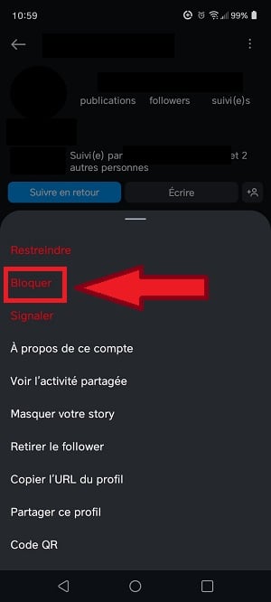 Opzione di blocco dal profilo di un utente di Instagram