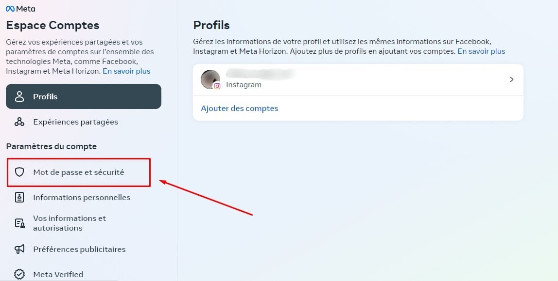 Palavra-passe e opção de segurança no Instagram web