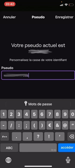 Eingabe eines neuen Nicknamens in der mobilen Twitch-App vor der Bestätigung