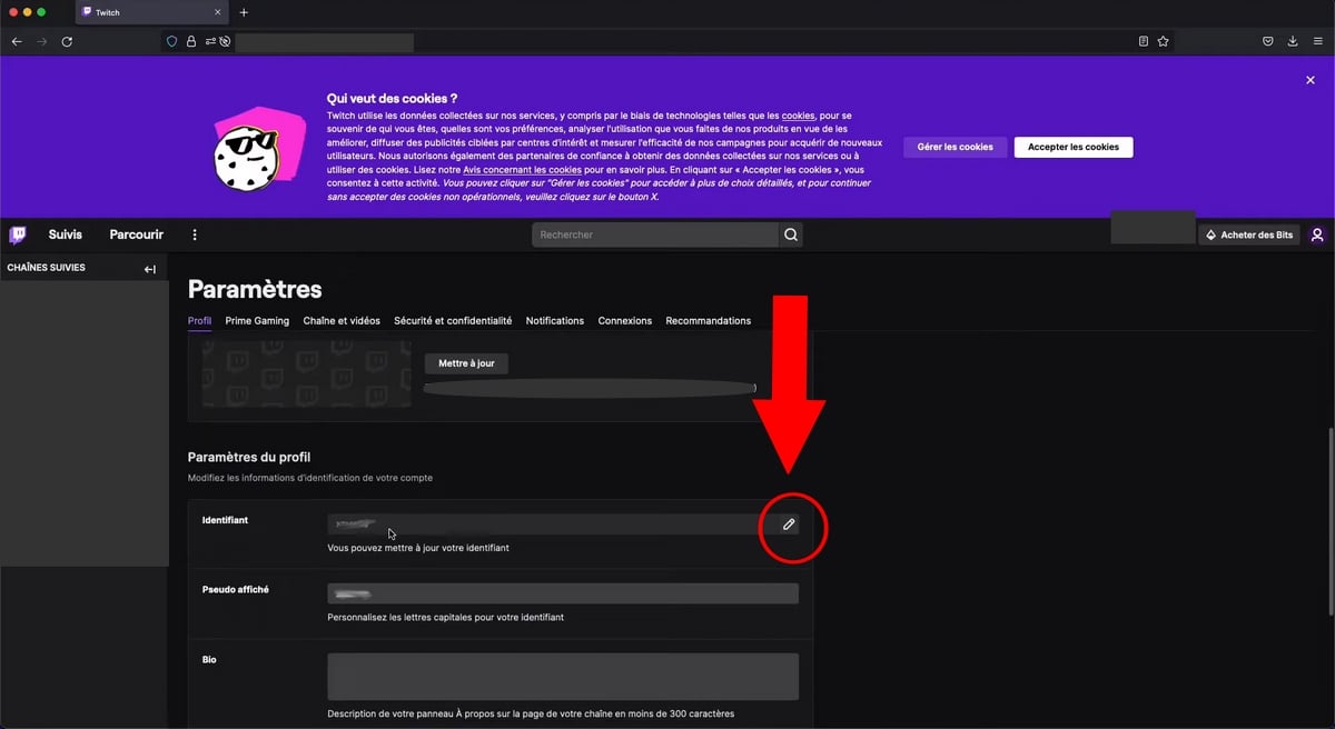 Bleistiftsymbol rechts neben dem Feld Benutzername in den Profileinstellungen von Twitch