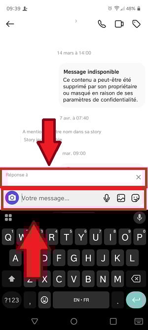 Mensaje de respuesta adjunto sobre el campo a rellenar para responder al MP