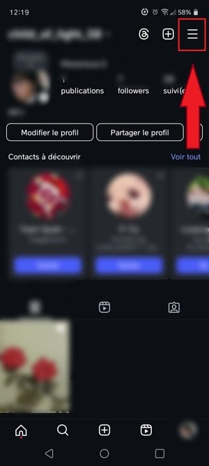Botón para acceder a la configuración en Instagram