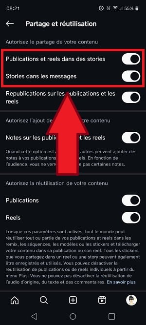 Opciones a marcar para activar la republicación de las historias de Instagram