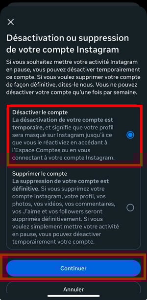 Desactivar una cuenta de Instagram en el móvil