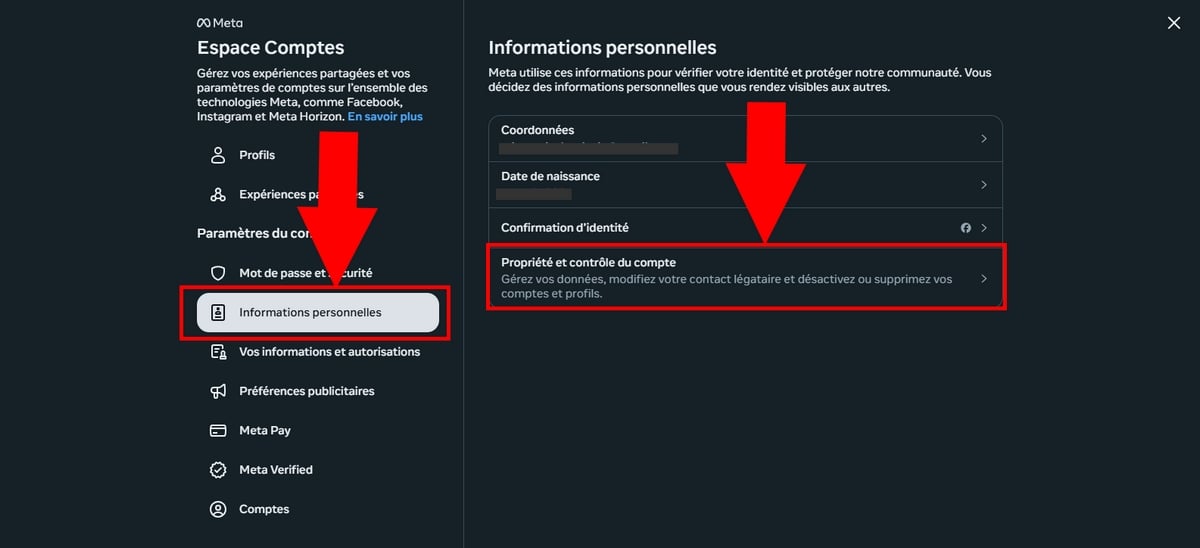 Información personal y, a continuación, Titularidad y control de la cuenta