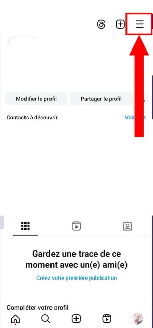 Menú en la parte superior de la pantalla de Android en Instagram 