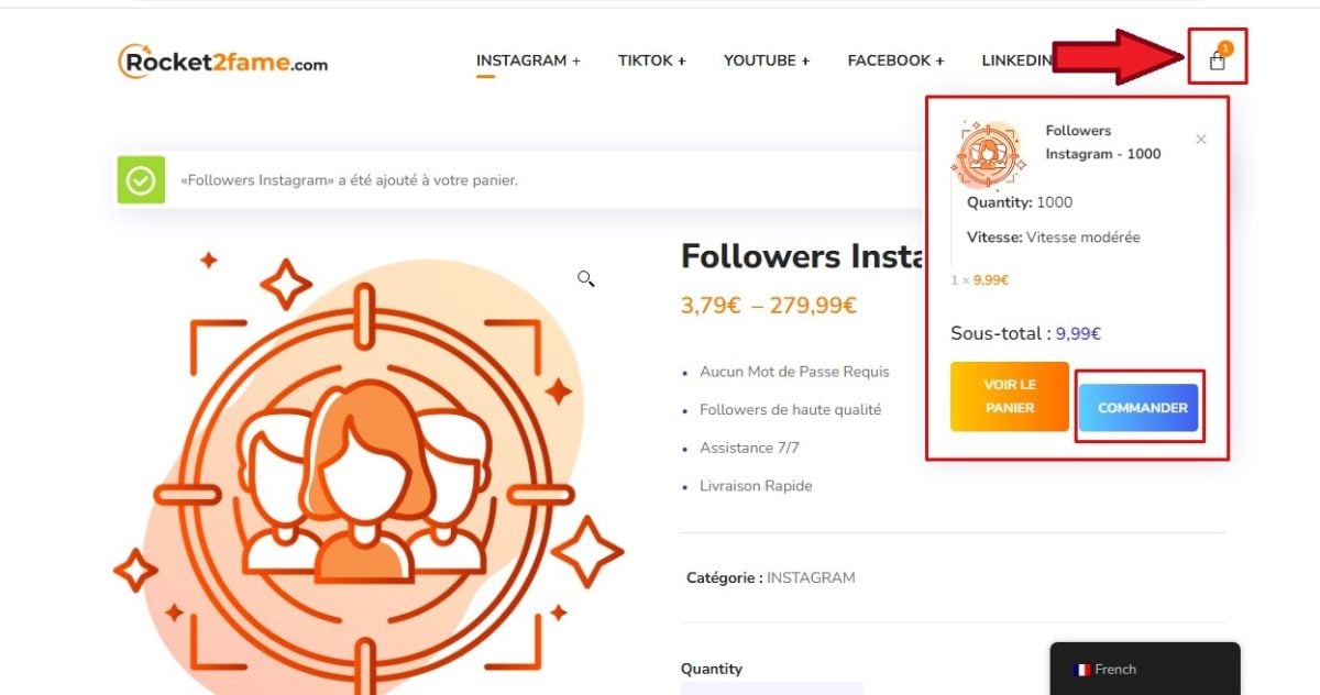Pesan pengikut di keranjang belanja di Rocket2fame