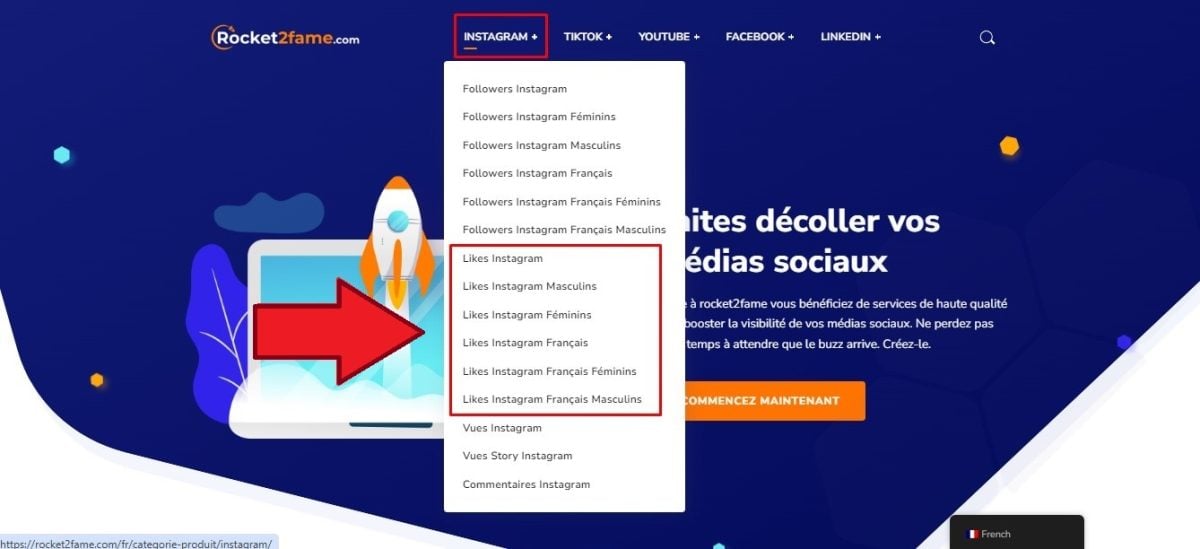 Buka bagian beli suka Instagram di situs web Rocket2fame