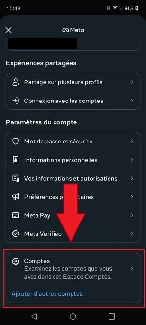 Opción de cuentas en el espacio de cuentas en Instagram