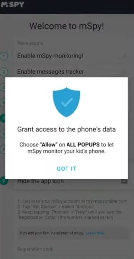 Autorização de acesso do Mspy aos dados do telemóvel