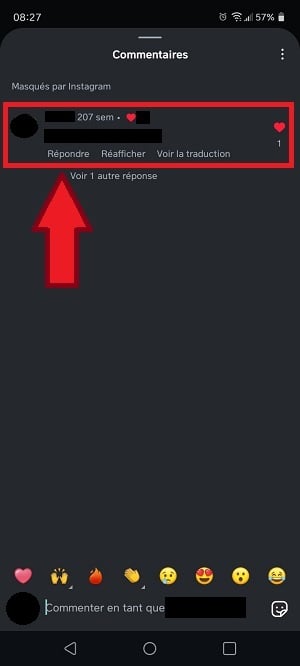 Vista previa del comentario a eliminar en Instagram