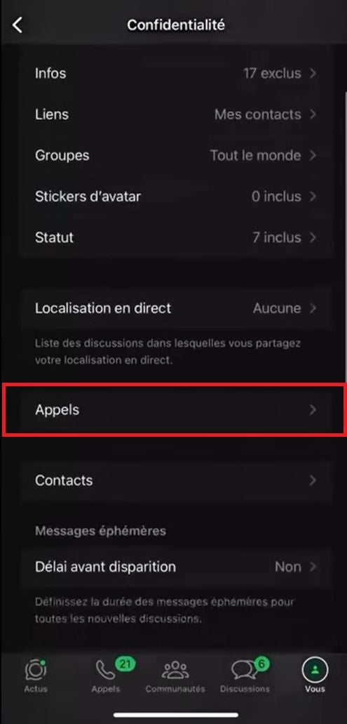 Der Abschnitt „Anrufe“ im Menü „Datenschutz“ bei WhatsApp.