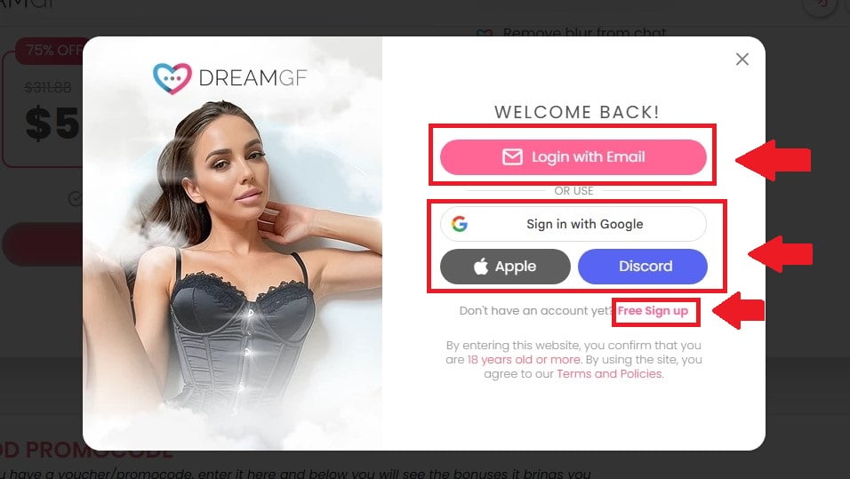 DreamGF.ai 的登录和注册页面