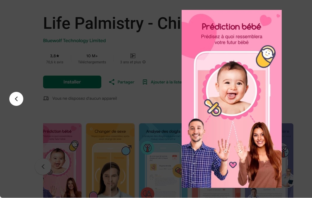 Gambar aplikasi Life Palmistry-Chiromancie, yang menunjukkan fungsi generator bayi Ai 