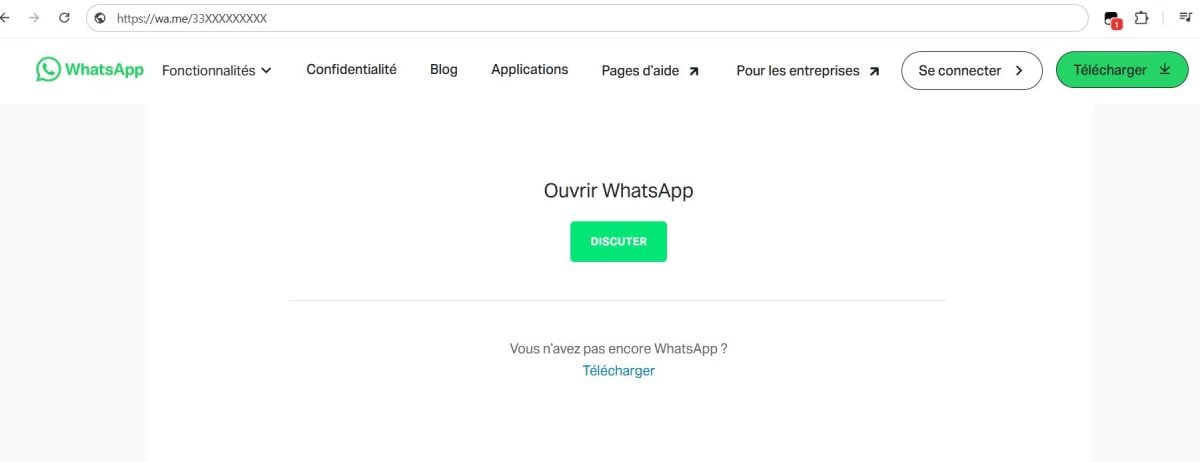 ブラウザに、電話番号と国番号を含む「wa.me」のアドレスを入力してください。.
