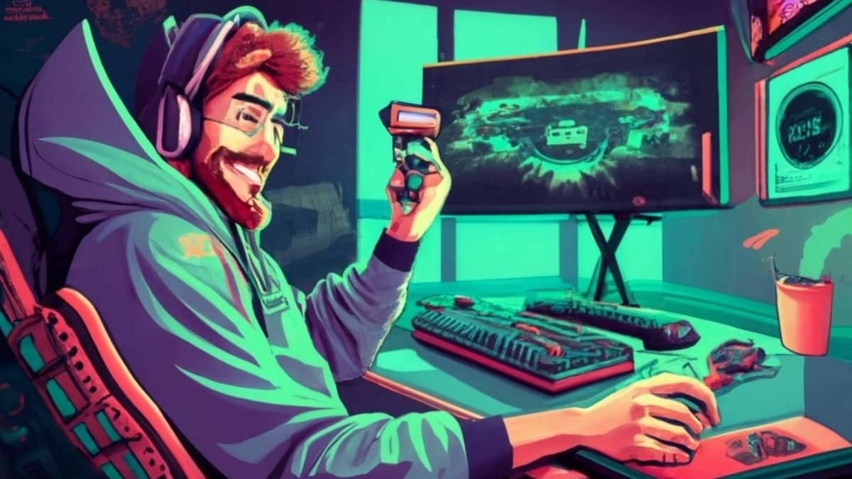Illustration af en person, der spiller på sin computer ved hjælp af en auto-klikker. 