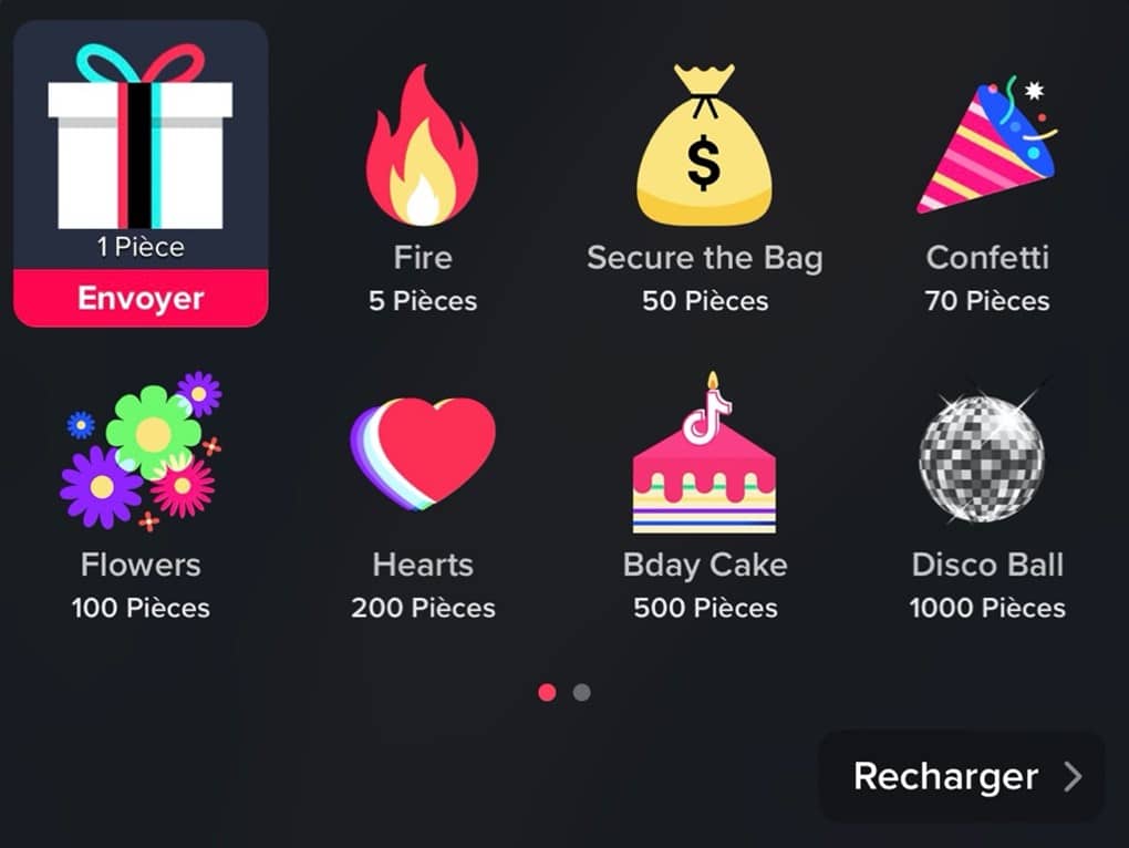 Illustration of the different virtual gifts on TikTok